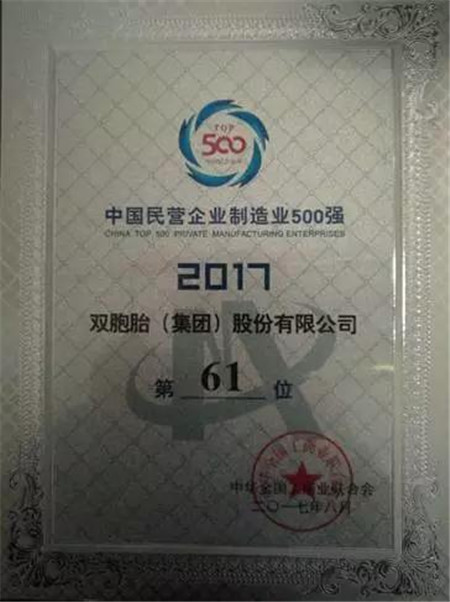 热烈祝贺:双胞胎集团荣获中国民企业500强,位